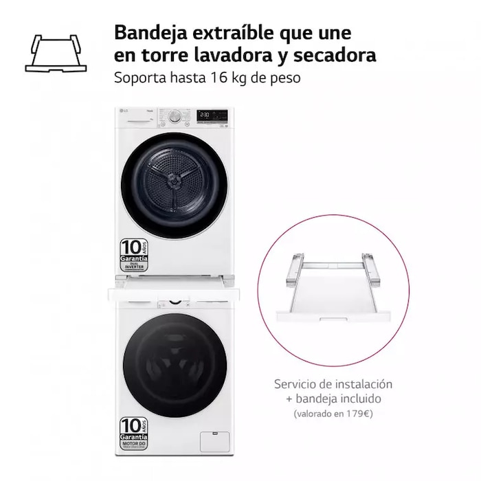 LG Torre de Lavado, Blanca, Lavadora inteligente 9kg, 1400rpm, 10% más eficiente que A + Secadora 8kg, C, TORRE0908KG.SET